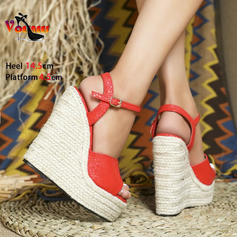 Hemp rope Platform Sandals 2024 New Women Wedge Party Shoes Ankle Buckle 14.5CM Comfortable High Heels Sandalies Mujer Plus Size