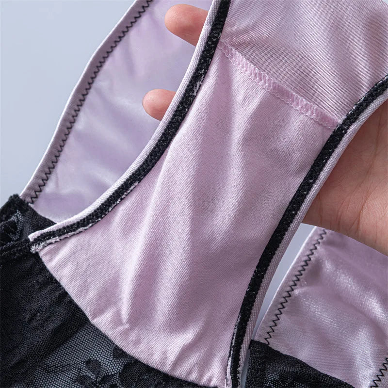 European Sizes Satin Luxury Style Women Sexy Low Waist V Shape Lace Flower Underwear Breathable High Stretch Soft Panties Breifs