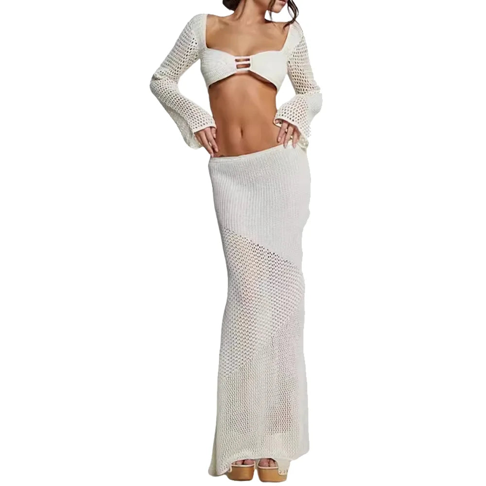 Sexy Party Knitted Two Piece Set Short Crop Top And Skirts Slim Bodycon 2 Pieces Sets Women 2025 Spring Summer Outfits