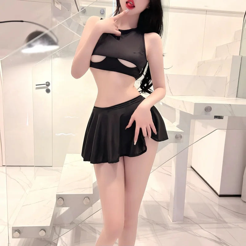 Fashion Korean Style Mini Skirt Girls Womens See Through High Waist Black A Line Short Pleated Skirts Christmas Street Club Wear