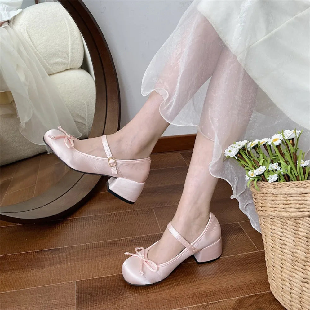 Spring Autumn Thick Heel Pink Shoes Elegant Bow Lolita College Girls High Heels  Women Sandals zapatos de mujer mary jane shoes