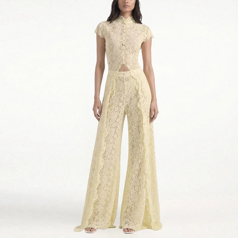 See Through Lace Vest Pant Set Women Beach Sling  Tops Pleated Straight Pants 2026 Summer Vacation Hollow Out Lady Suits