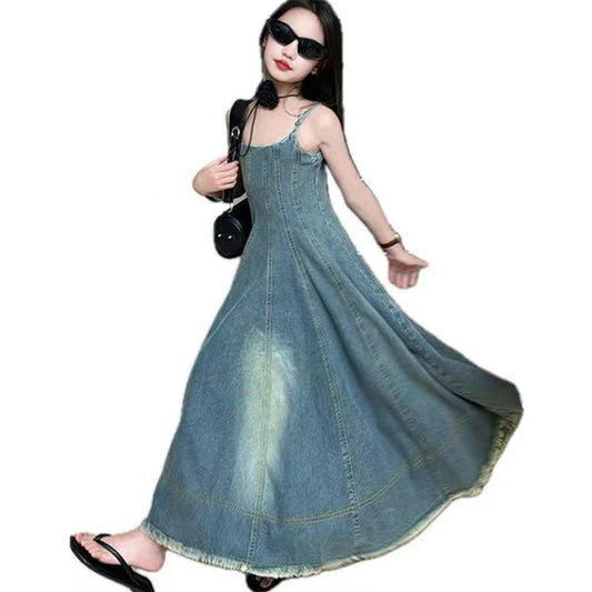 Kids Luxury Clothing Summer Denim Dress with Straps for Teenage Girls High Fashion Streetwear Outfit Children Casual Jeans Dress