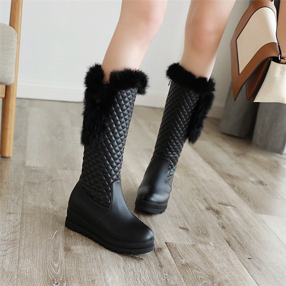 Winter Warm Fur Knee High Boots Womens Platform Snow Boots High Heels Female Padded Shoes  High Boots  Free Ship Big Size 41