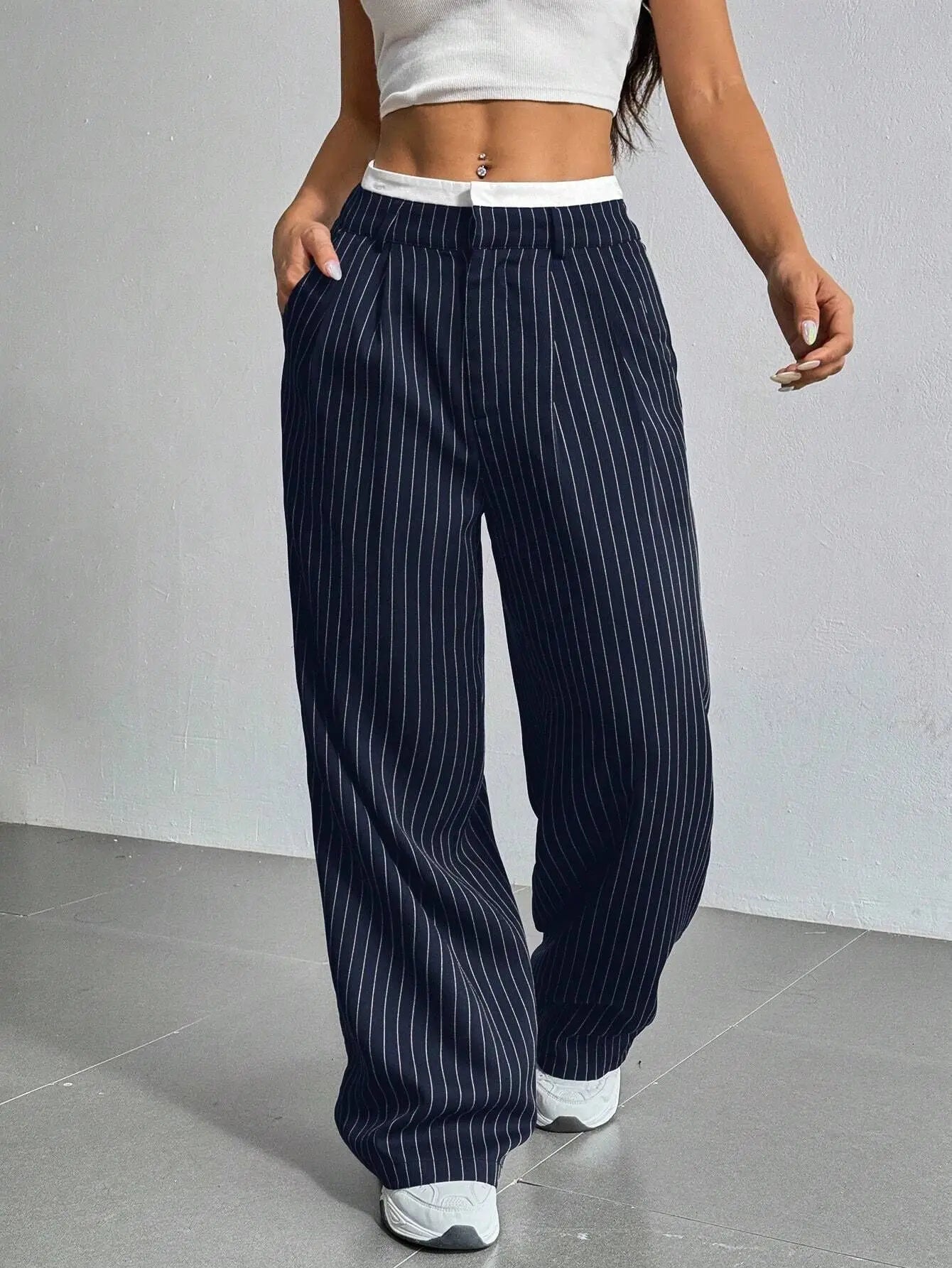 Fashion Pants Women's Stripe Straight Pants 2024 Autumn Winter High Waisted Casual Suit Pants Office Lady Women Trousers Bottoms BAZAARHUBO