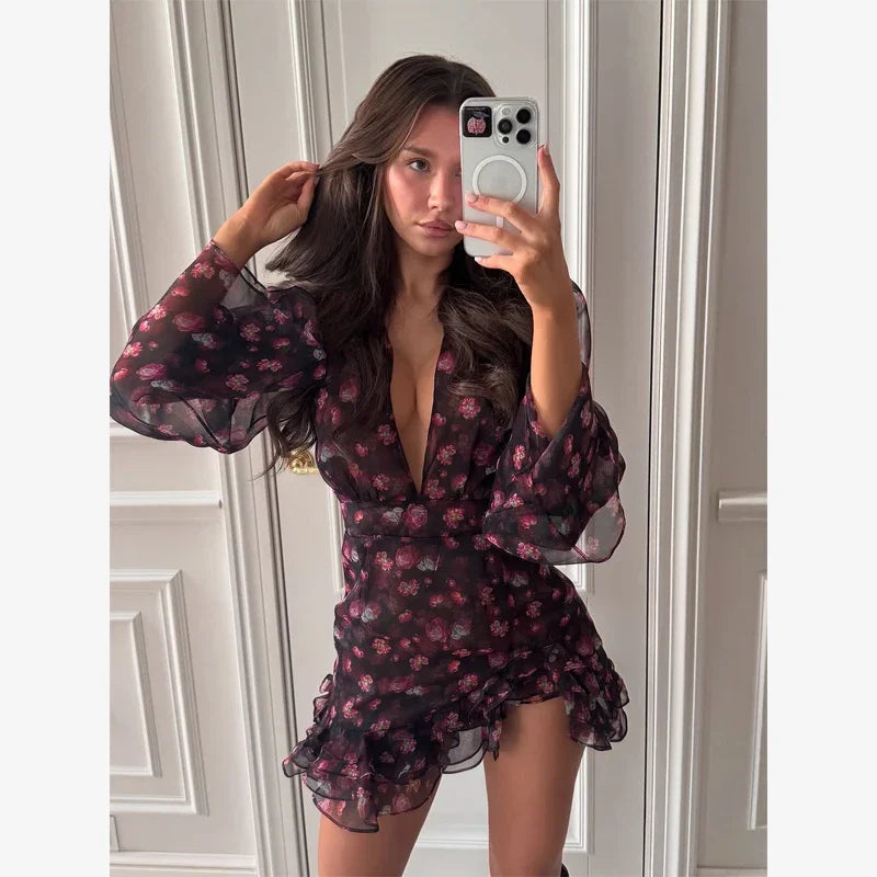 Chic Ruffle Print Slim Fit Dress Women Chic Flared sleeves V-neck Pleated Short Dresses 2026 Lady Summer Casual Daily Vestidos BAZAARHUBO