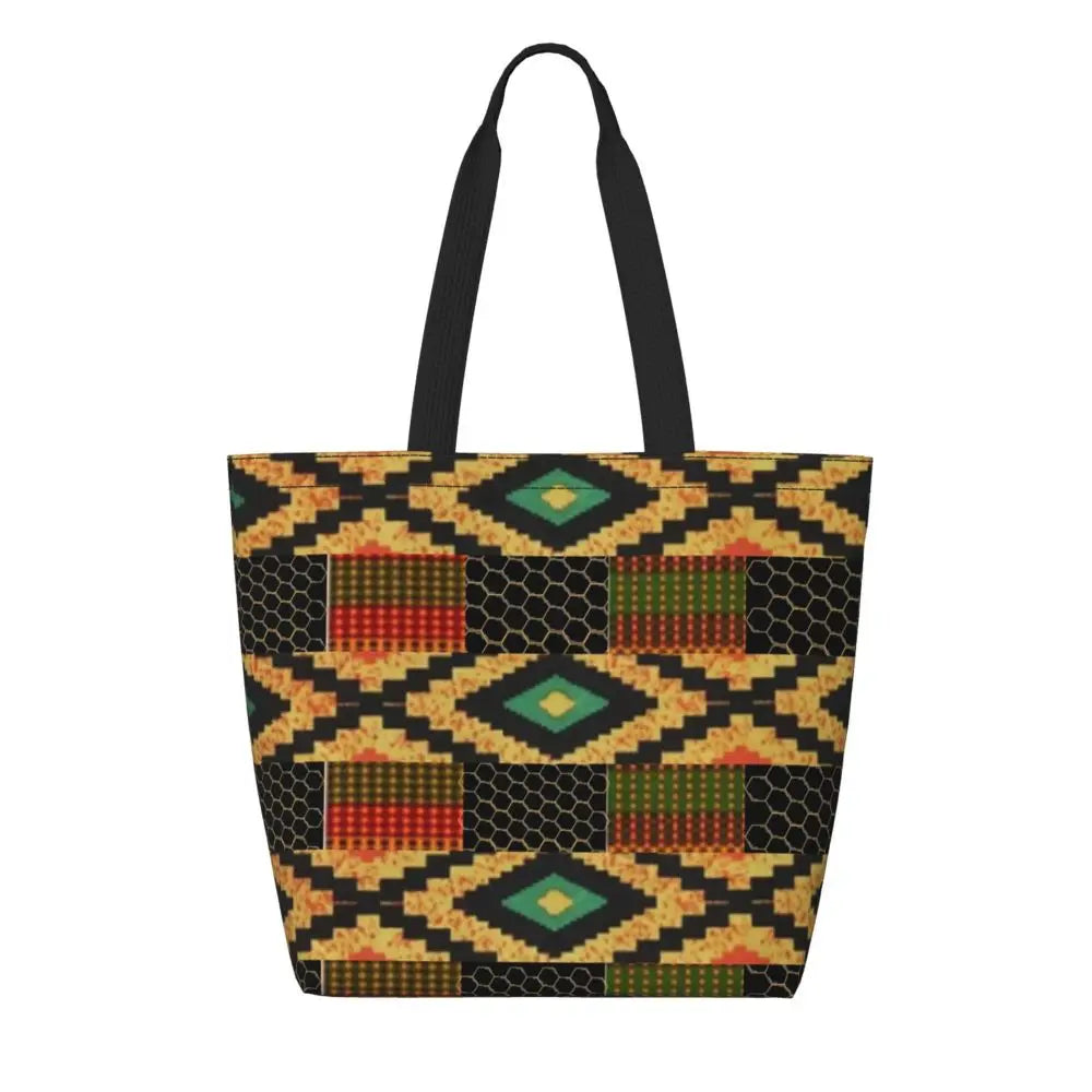African Ankara Prints Grocery Shopping Tote Bags Women Geometric Ethnic Art Canvas Shoulder Shopper Bags Big Capacity Handbag