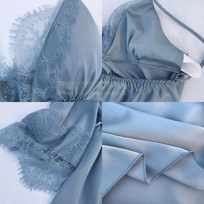 Women Pajamas Five Piece Set Spring Summer Sleepwear Nightgown Sexy Lace Bath Robe Gown Loose Silk Satin Home Wear Loungewear