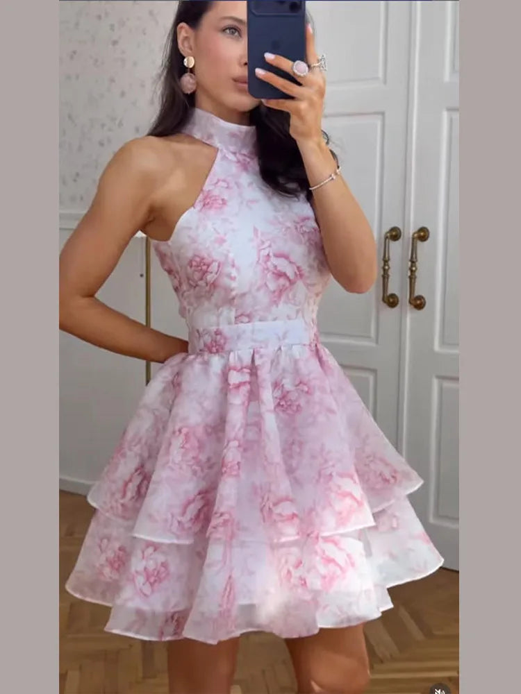 Printed Halter Ruffles Short Dress Women Glamorous Sleeveless Backless Lace Up Party Evening Dresses Chic Ladies Ball Gown New