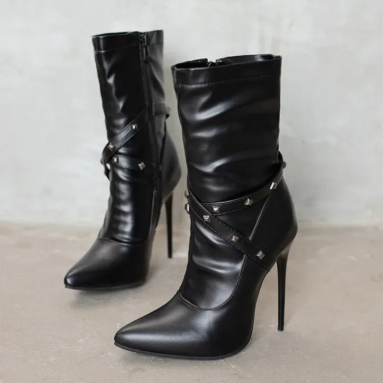 Autumn winter British style fashion high-heeled women's boots pointed toe Rivets party women's shoes high 12cm plus size 34-48