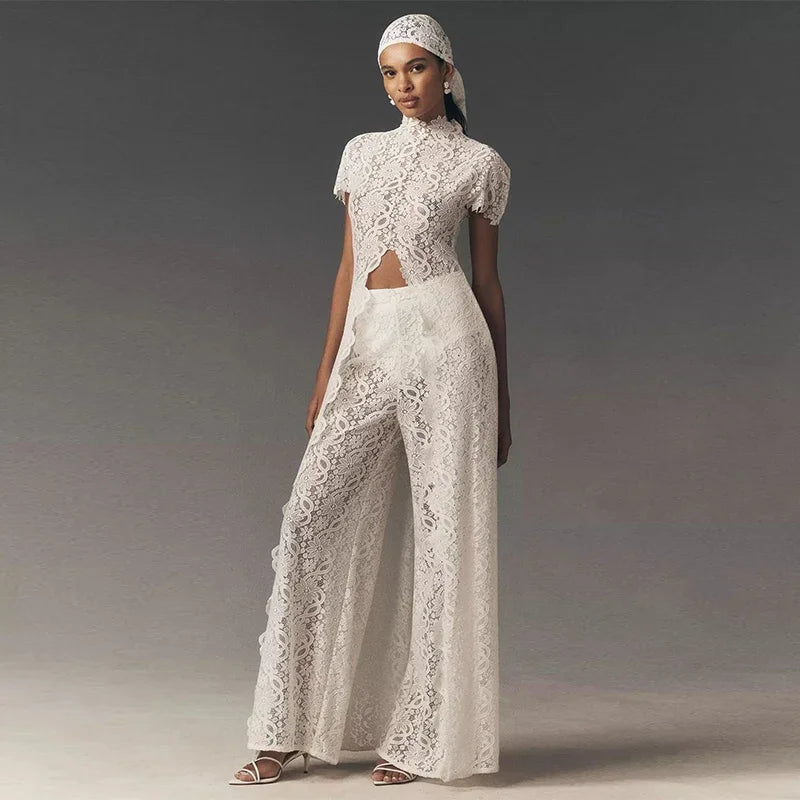 See Through Lace Vest Pant Set Women Beach Sling  Tops Pleated Straight Pants 2026 Summer Vacation Hollow Out Lady Suits