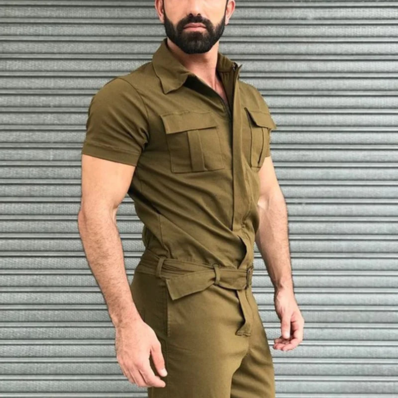 Multi-pocket Overalls Men's Jumpsuits Short Sleeves Trousers Suits Zippered Jumpsuits Men's Overalls Belted Jumpsuits