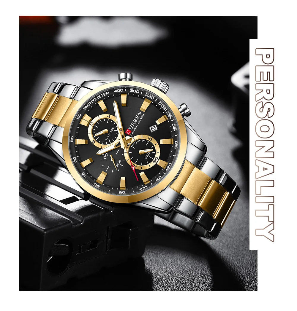 CURREN  New Sports Multifunction Stainless Steel Band Watches Fashion Brand Quartz Men's Wristwatches with Date