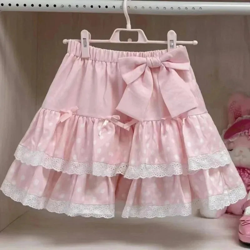 Mini Skirts for Women Sweet Cute Jupe Fashion Summer Japanese 2025 Faldas Mujer De Moda Bow Polka Dot Ruffles Y2k Skirt