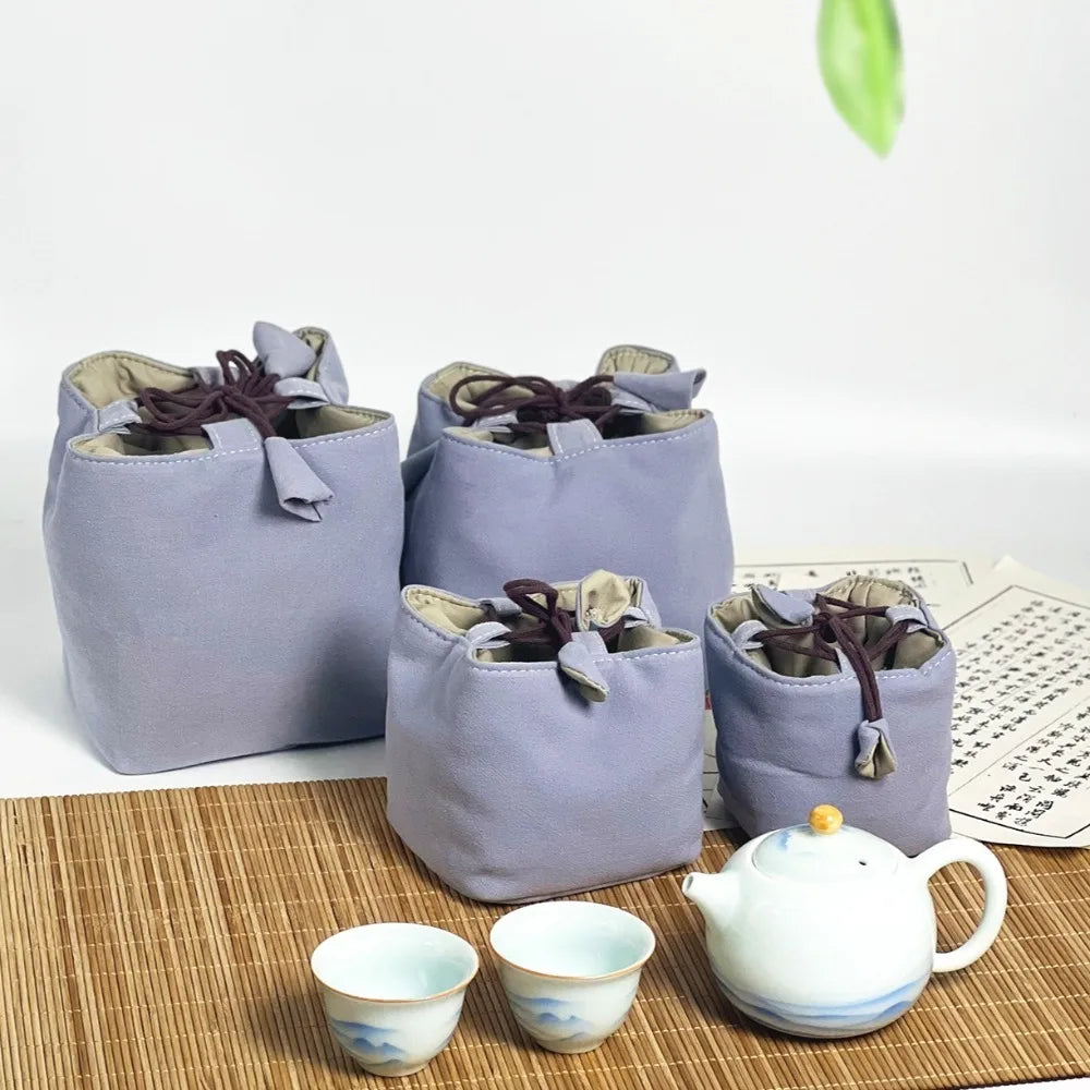 Chinese Style Tea Set Organizer Bag Embroidered Breakage-proof Teacup Drawstring Cloth Pouch Tea Ceremony Accessories