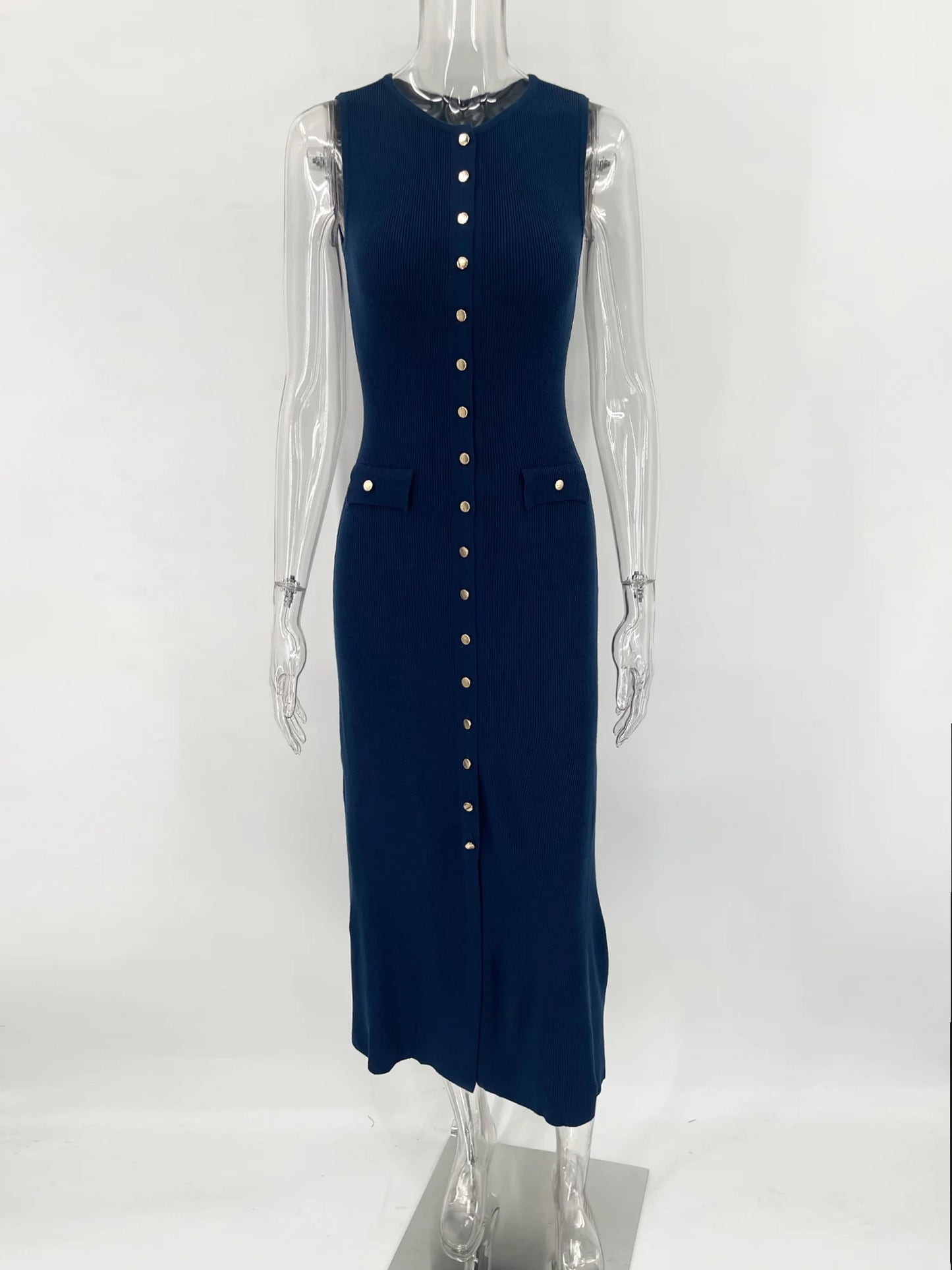 Knit Ribbed Cardigan Maxi Dress Female High Waist Slim Pocket Sleeveless Elegant Party Dress Women's Knitwear Long Dress