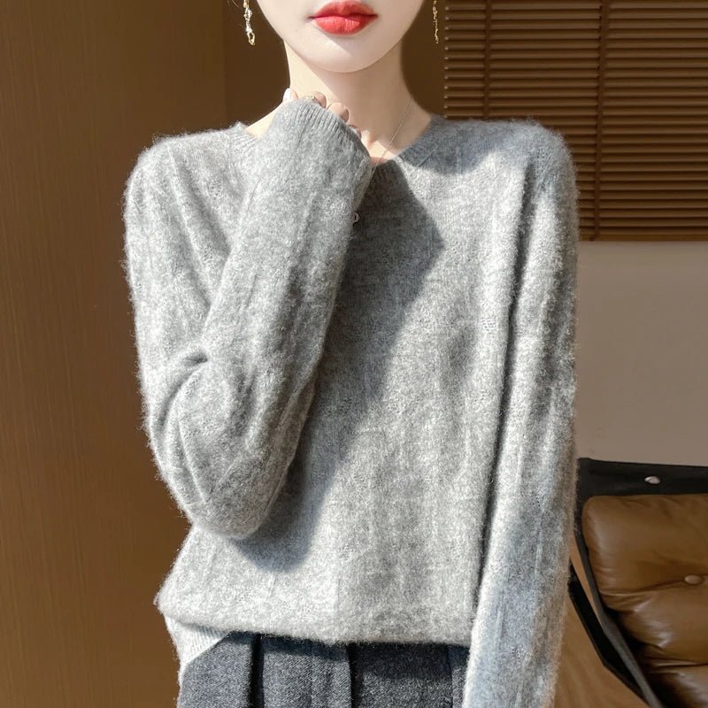 Women 100% Merino Wool Sweater Casual Hollow out Cashmere Blouse O-neck Pullover Tops Autumn Winter Warm Knit Woman Wool Sweater