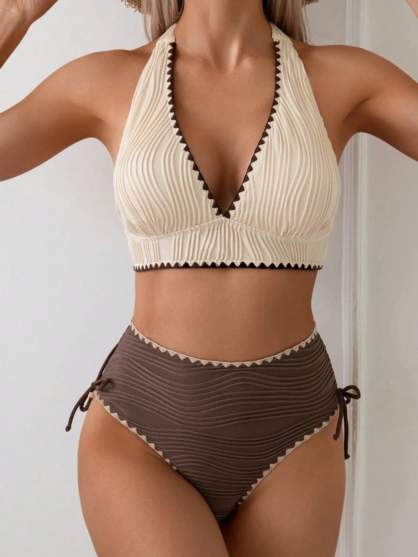 High Waist Bikini Set Swimsuit for Women Lacework Swimwear Halter V Neck Summer Beach Wear Sexy Ribbed Bathing Suit