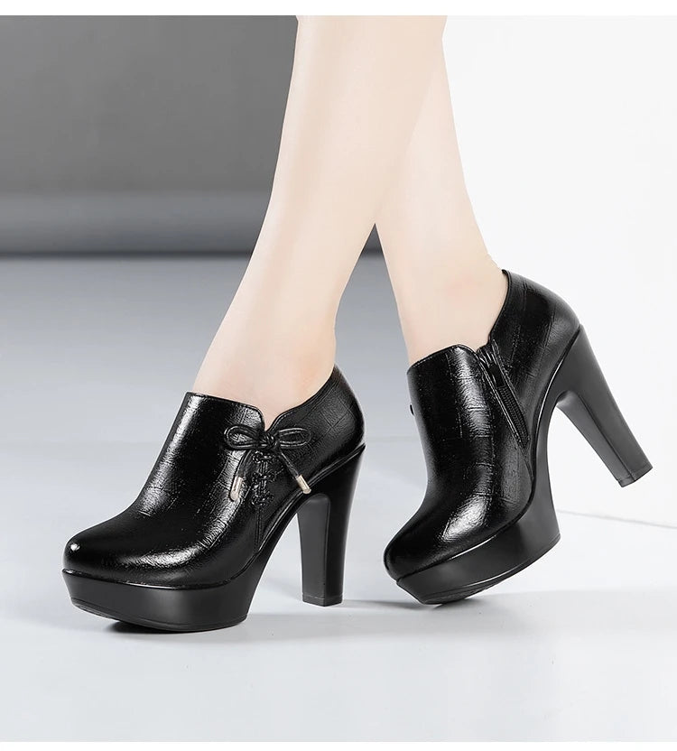 10cm Small Size 32-43 Elegant Black Bow Deep Mouth Thick Bottom Platform Pumps 2026 Winter Block High Heels Shoes Office Model