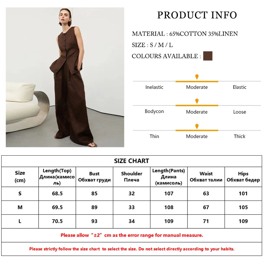 Clacive Summer Slim Brown Linen Pants Set 2 Piece Woman Fashion Sleeveless Tank Top With High Waist Wide Trousers Suits Female