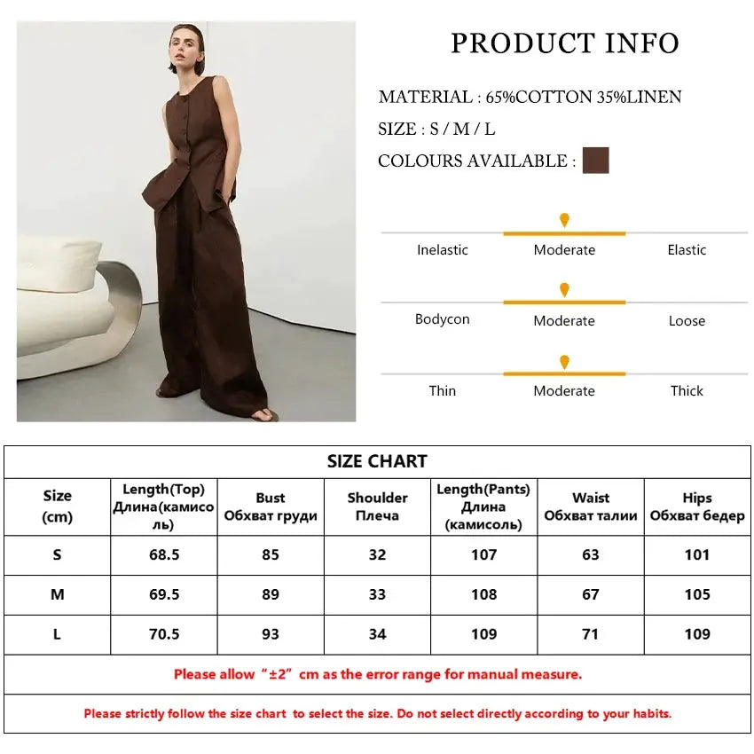 Clacive Summer Slim Brown Linen Pants Set 2 Piece Woman Fashion Sleeveless Tank Top With High Waist Wide Trousers Suits Female BAZAARHUBO