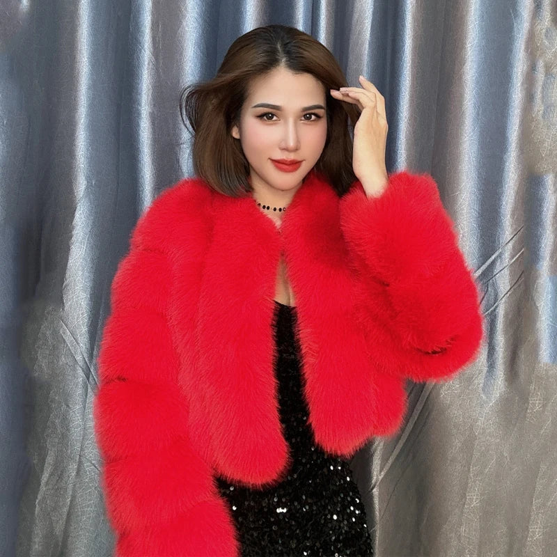 Faux Fox Fur Coat V-Neck Winter Woman Long Sleeve Warm Winter Coat Women Fashion Luxury New Fur Jacket Teddy Chic Outwear 2024