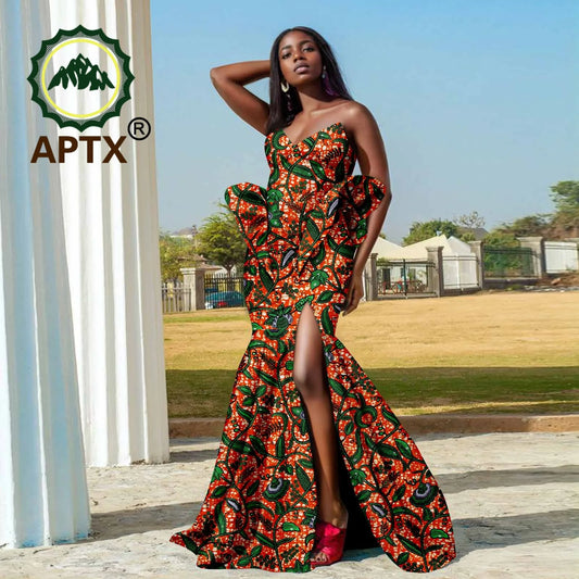 African Dress for Women Ankara Sleeveless Strapless Elegant Print Slit Dresses High Waist Dashiki Party Wedding Attire