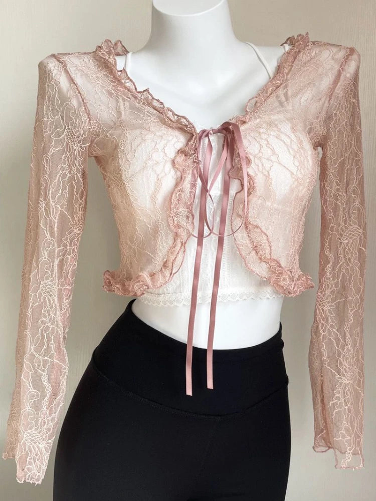 Shirts Women Lace New Summer Sunscreen French Style Cropped Designed Sweet Gentle Elegant Office Lady Sexy Popular Chic Vintage