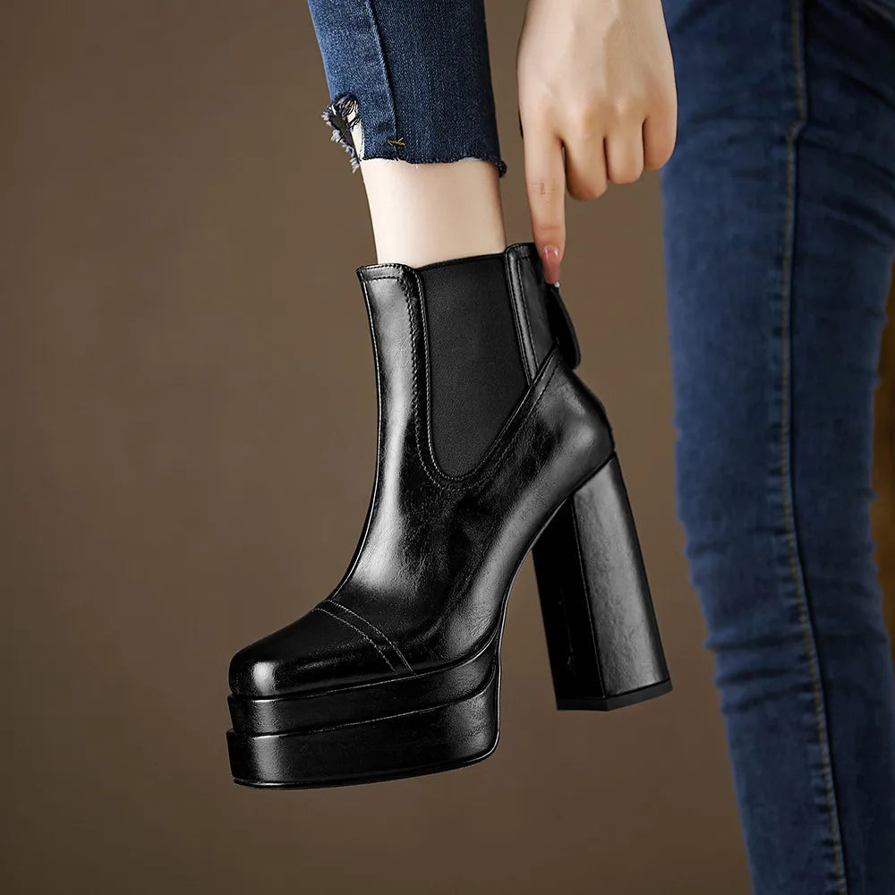 Aucegi Women Genuine Leather Back Zipper Ankle Boots Fashion Square Toe Platform Thick High Heels Party All Match Casual Shoes