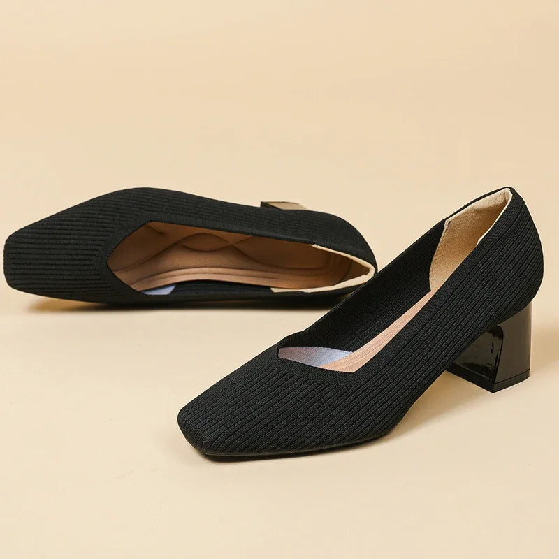 Shoes Woman High Heels Comfortable Square Knitted Breathable Comfortable Women's Flats Shoes (5cm High) 2025 New Collection