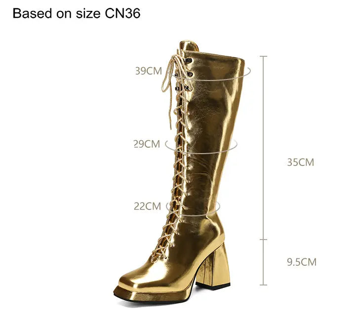 Big Size 45 46 Women Shoes Winter Fall Warm Lace-up Chunky High Heels Metallic Gold Silver Knee-high Riding Platform Goth Boots