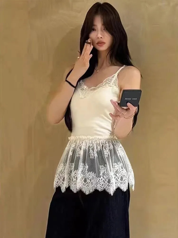 Korean Style Sexy Lace Sleeveless Crop Cami Top Women 2026 Summer Mesh Layer Tank Top Y2K Clothes Ruched Skinny Backless T-shirt