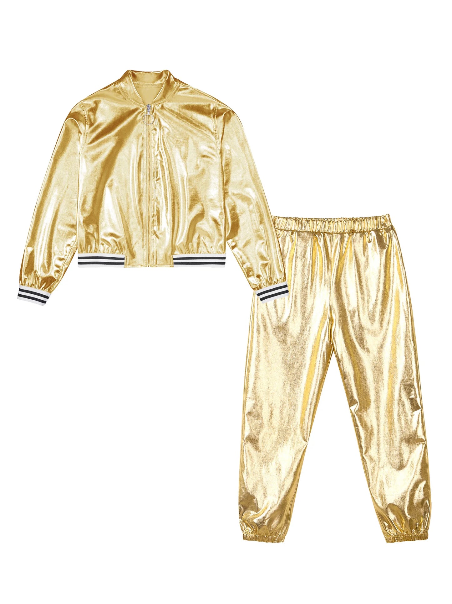 Kids Girls Sports Outfits Jazz Hip Hop Street Dance Costume Shiny Metallic Long Sleeves Bomber Jacket Coat with Pants Streetwear