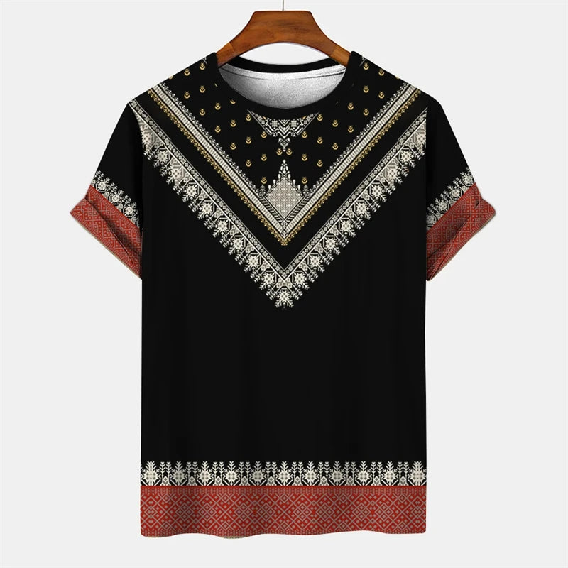 Summer Men's Vintage T-shirt African Tradition Stripe Printed T Shirts Casual O-Neck Short Sleeve Tees Street Fashion Loose Tops