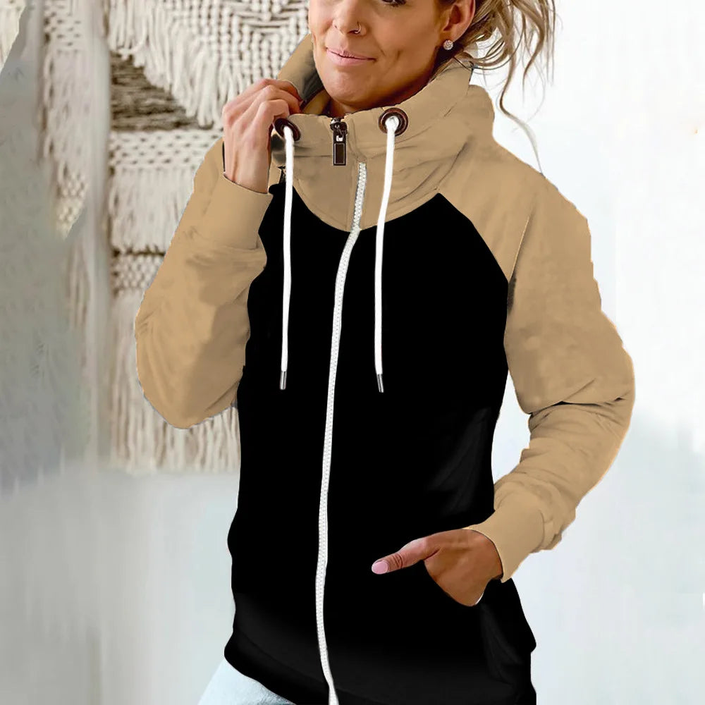 2025 Autumn Winter Women's High-neck Sweatshirt Casual Pocket Pile Collar Fleece Zipper Cardigan Color-blocking Velvet Coat