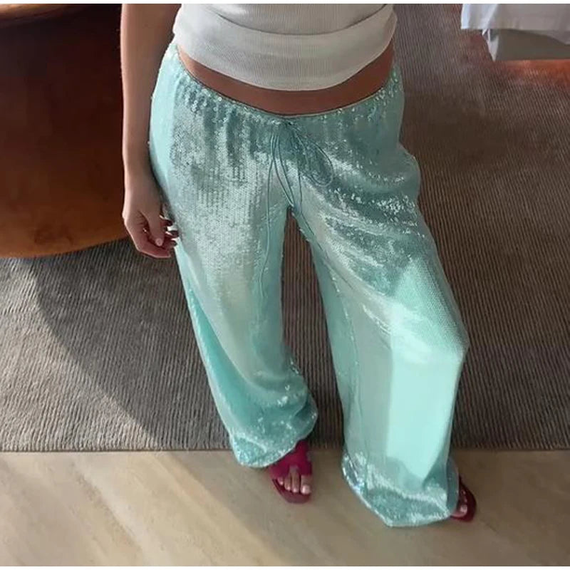 Women Sequin Pants Cinched Waist Glitter Baggy Straight Long Trousers
