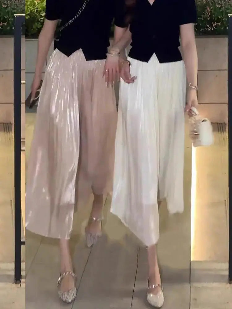 Summer Flowing Ice Silk Wide Leg Pants Women's plus Size Slimming Miniature Eighteen Skirt Pants High Waist Straight Leg Pants