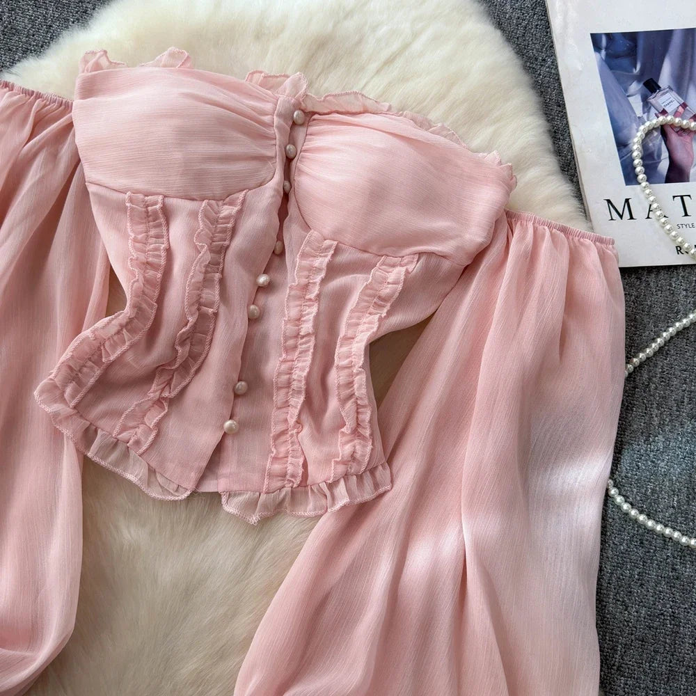 Chiffon Blouse for Women Slash Neck Off Shoulder Solid Color Camisas Ruffles Folds Backless Summer Blusas De Mujer Chic Dropship