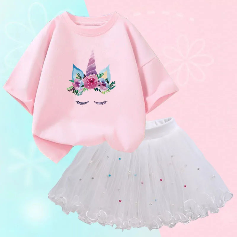 Dresses For Girl Summer Fashion Wear Outfit Kids T-Shirt Suit Unicorn Party Baby Costumes For Children Tulle Tutu Skirt Clothing