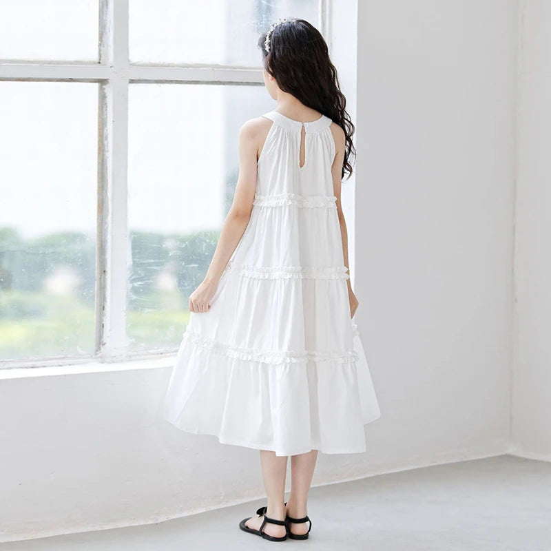 Fashion Korean Children's Clothes 2025 Elegant Dress For Girls Casual Dresses White Sleeveless Summer Dress Loose Girl Outfits