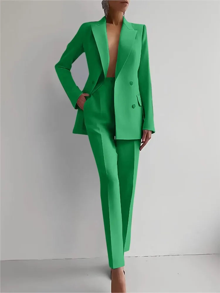 Spring Casual Long Sleeve Two Piece Blazer Pants Suit For Women Office Wear