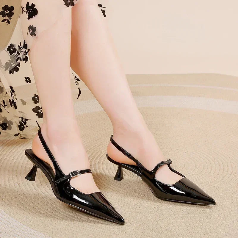 Summer 2025 women's fashion high heels, PU elegant sandals, comfortable buttons, party and sexy plage-sized women's shoes