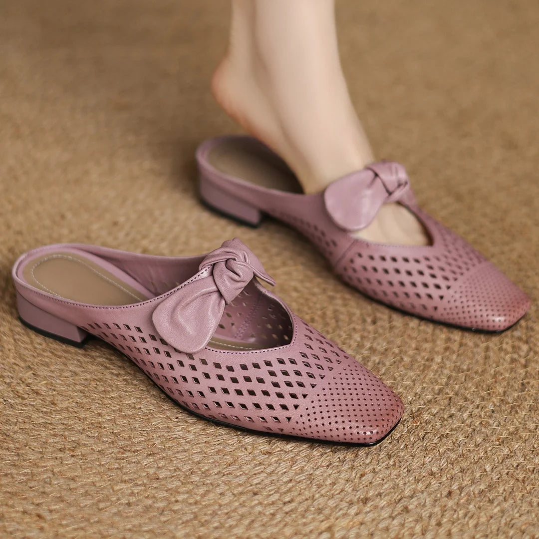 2025 Summer new plus size 34-41 women's hollow-out cow leather slip-on flats summer slides sandals sweet bowtie elegant mules
