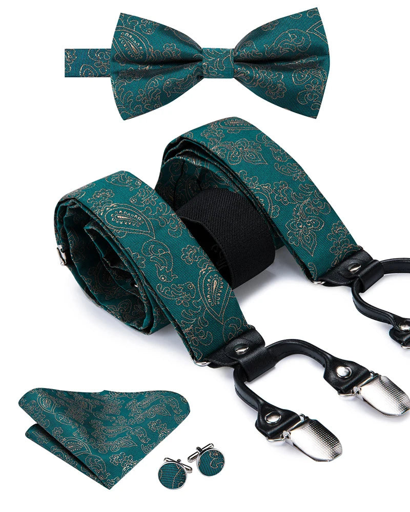Hi-Tie Silk Adult Men's suspenders Set Leather Metal 6 Clips Braces Gold Brown Floral Vintage Men Fashion Wedding Suspenders Men BAZAARHUBO