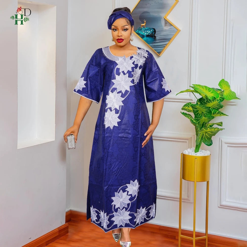 H&D New Style African Clothes For Women Traditional Embroidery Dresses Blue Bazin Women High Quality Party Wedding Occasion