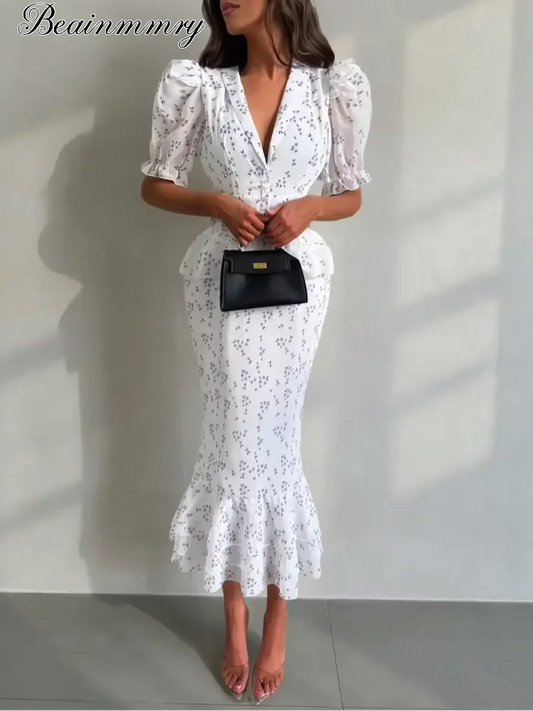 Women Elegant Printed V-neck Dress Chic Lapel Waist Cinched Pleated High Waisted Dresses 2026 Summer New Lady Vacation Gowns