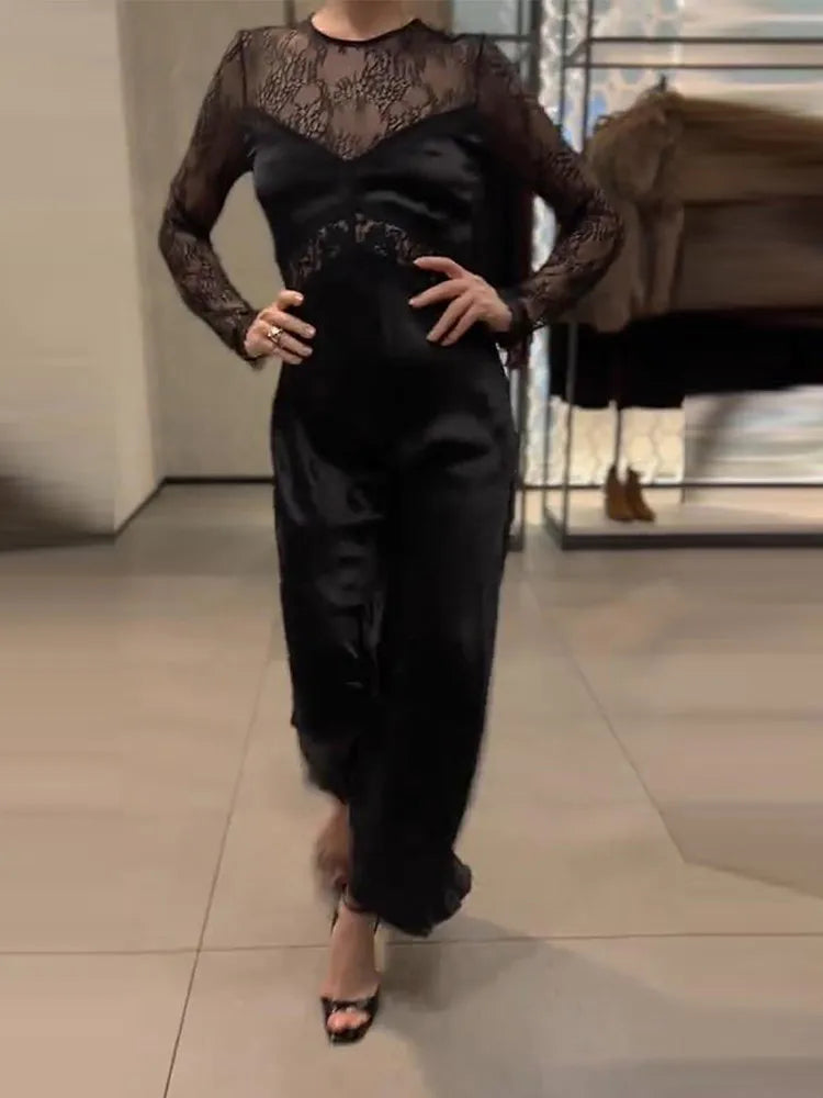 Lace Patchwork Long Evening Dress With Sheer Sleeves For Women Clubwear