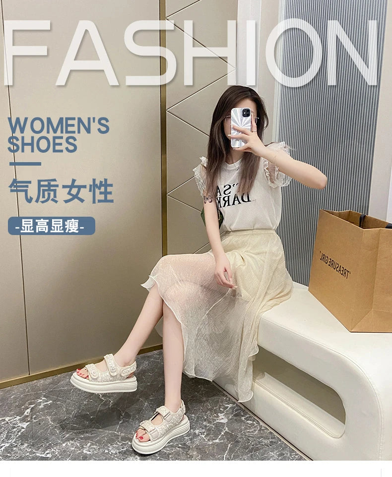 Women's Platform Sandals Handmade Leather Rubber Bottom Flat Sandals Metal Decorative Element Summer Casual Ladies Outdoor Shoes