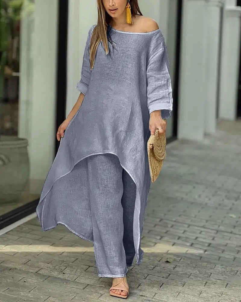 2 Piece Women Set African Clothes Women Outfits Cotton Linen Suit Long-Sleeved Top Pants Oversize Trousers Casual Party Set 2024