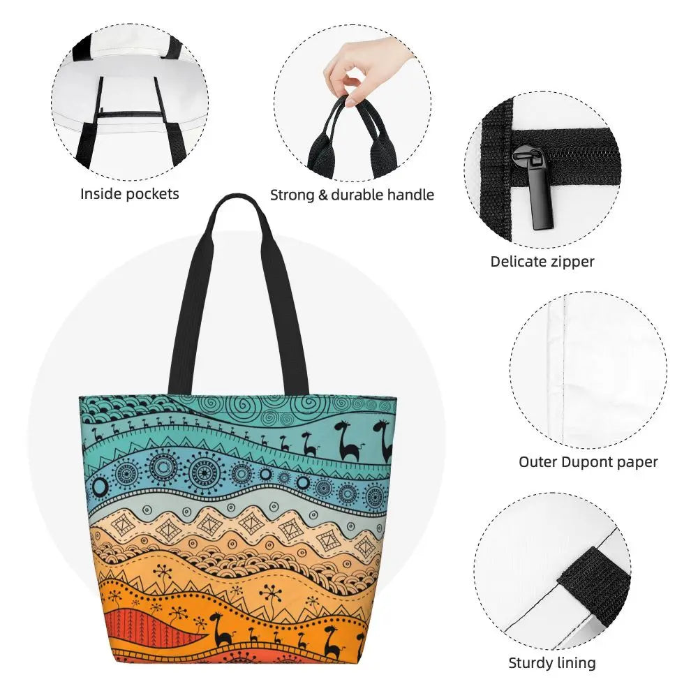 African Ankara Prints Grocery Shopping Tote Bags Women Geometric Ethnic Art Canvas Shoulder Shopper Bags Big Capacity Handbag